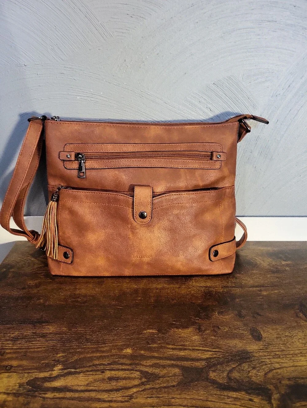 FADEON Brown Crossbody Bag Zip Closure Tassel Adjustable Strap Inner Pockets
